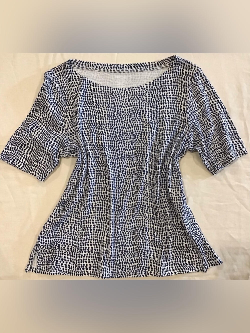 Chico’s Ultimate tee, blue and white print